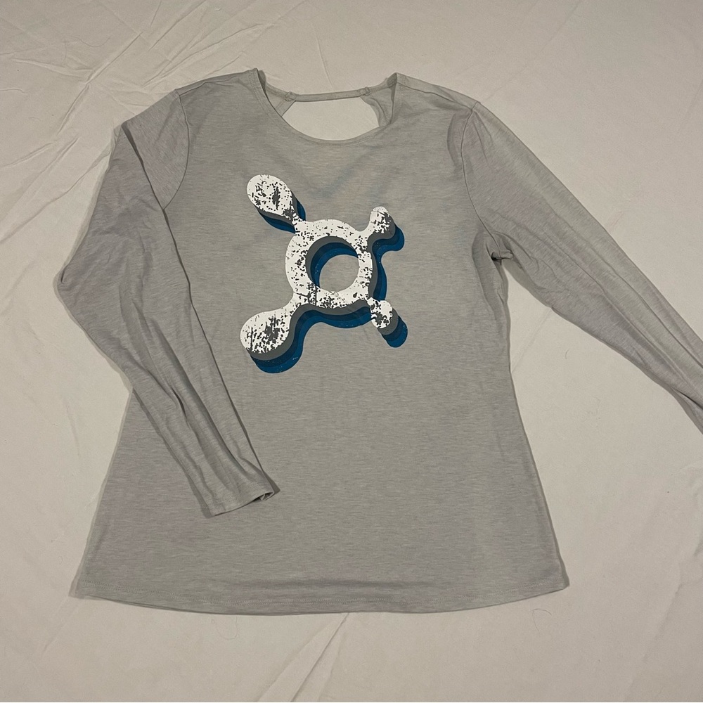 Orangetheory Gray Long Sleeve Tee with Blue and White Graphic and Strappy Back